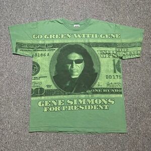 Vintage Y2K Gene Simmons For President 2008 Dollar Bill T Shirt Large Green